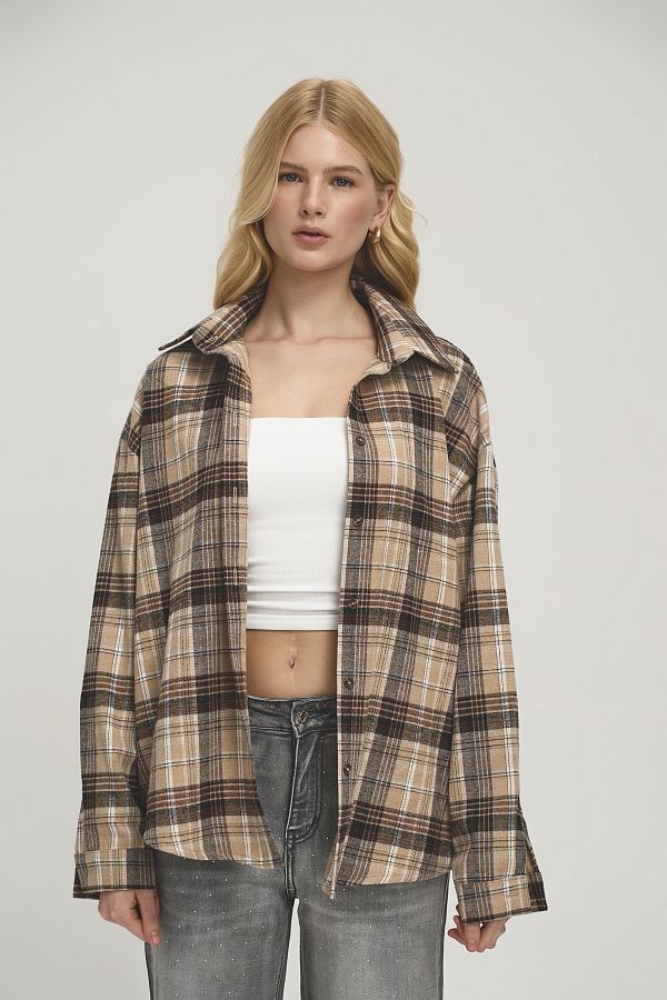 Koszula oversize w kratę beżowa z brązowym koszula21/04 #RU#  koszula21/04 № 1