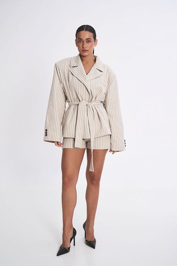 Wełniana marynarka z paskiem śmietankowa maryn11/02 № 2