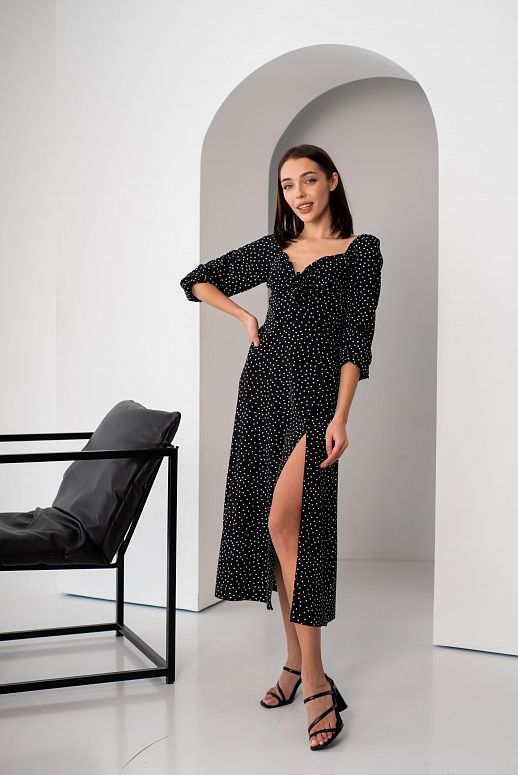 Sukienka midi z rozcięciem, długim rękawem, czarna w czarny groszki