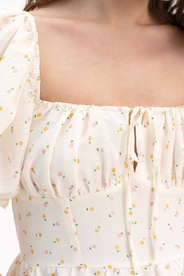 Bawełniana sukienka z krótkimi bufiastymi rękawami mleczna w mikro kwiaty bufiast30/05 № 6