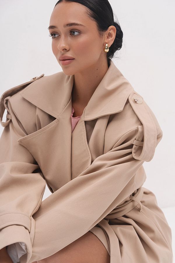 Beżowy przycięty bawełniany trencz prem29/05 № 3