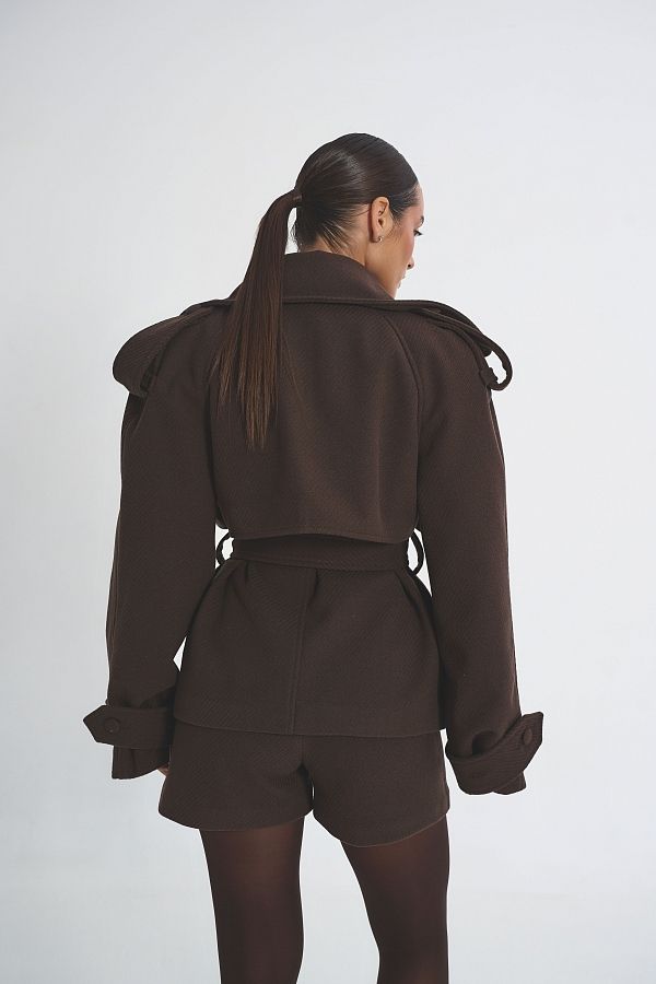 Krótki płaszcz z paskiem brązowy plaszczkr11/05 № 4