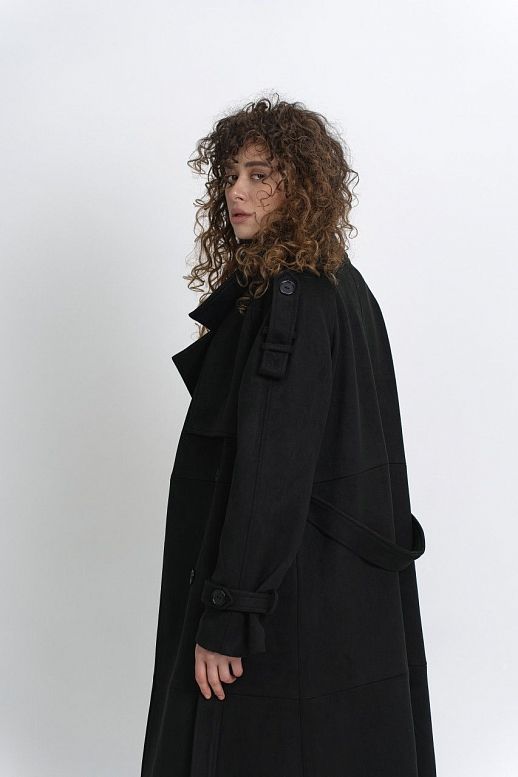 Zamszowy trencz z podszewką czarny - №2