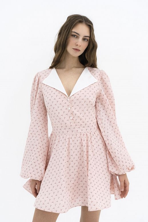 Sukienka z kołnierzykiem różowa w mikro kwiaty