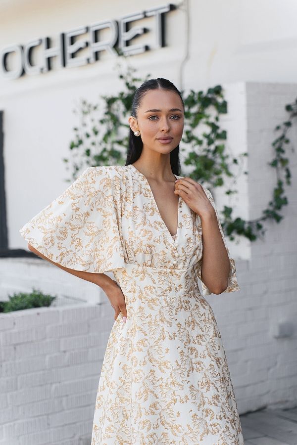 Sukienka midi z prostą spódnicą mleczna w złote kwiaty prost01/08 № 2