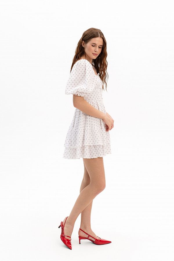 Bawełniana sukienka z krótkimi bufiastymi rękawami biała w różowe kwiaty bufiast29/06 № 5