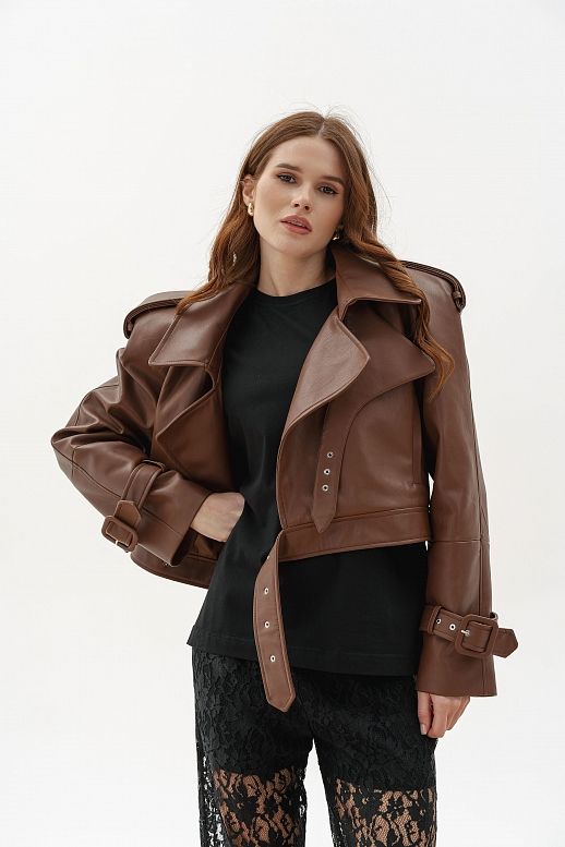 Krótki trrencz z eko-skóry brązowy - №2