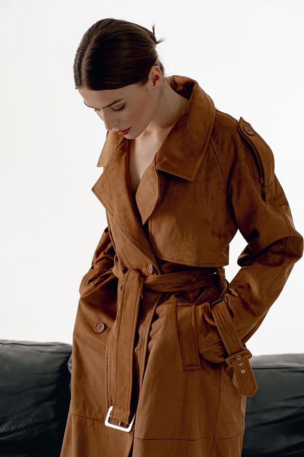 Trencz zamszowy maxi z podszewką rudy zam27/03 № 6