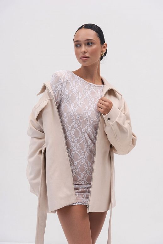 Zamszowa kurtka z zamkiem i paskiem mleczna - №2