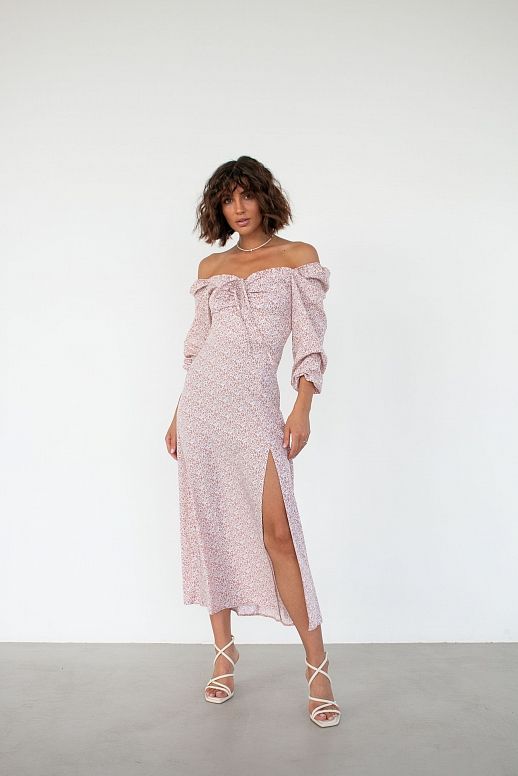 Sukienka midi z rozcięciem, długim rękawem, w kolorze beżowym