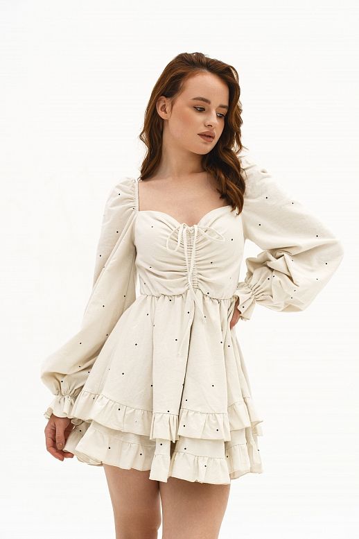 Sukienka z ciepłej bawełny jasny beż w groszki