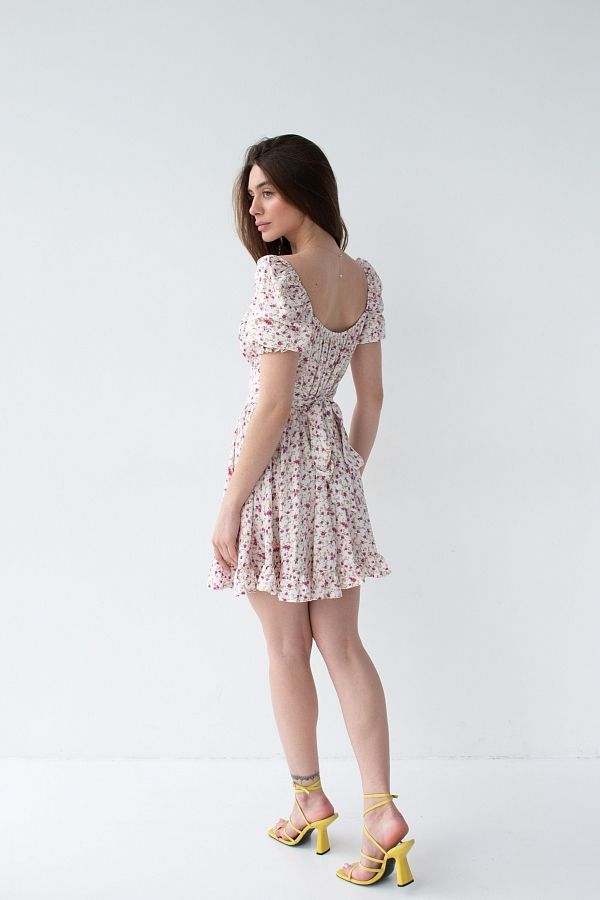 Mini sukienka z paskiem i mleczną falbanką w różowe kwiaty D0723/4 № 5