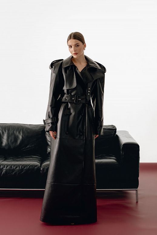 Trencz maxi z eko-skóry czarny  - №2