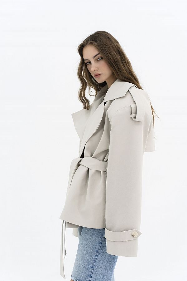 Mleczny przycięty bawełniany trencz prem23/04 № 2