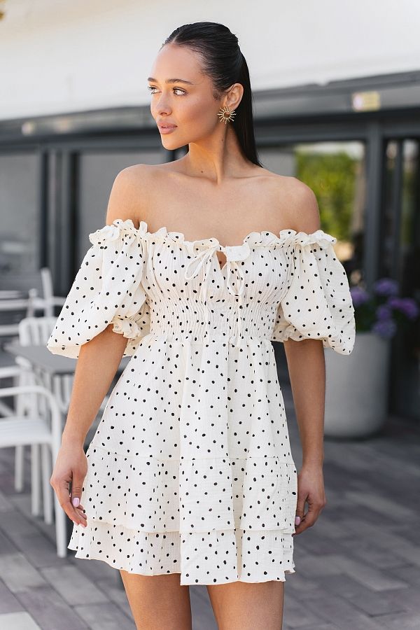 Sukienka muślinowa z krótkim rękawem mleczna w groszki mus02/07 № 1