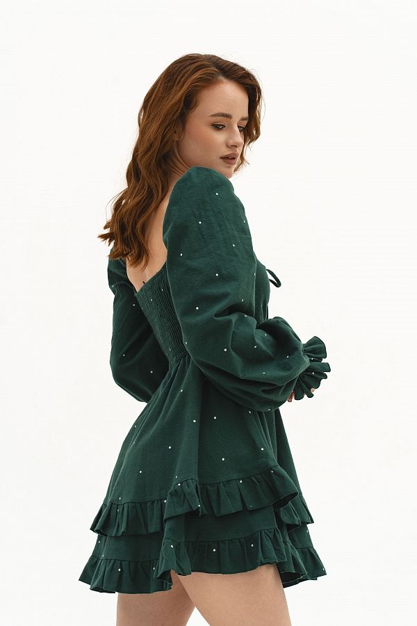 Sukienka z ciepłej bawełny ciemnozielona w groszki ciep15/11 № 2