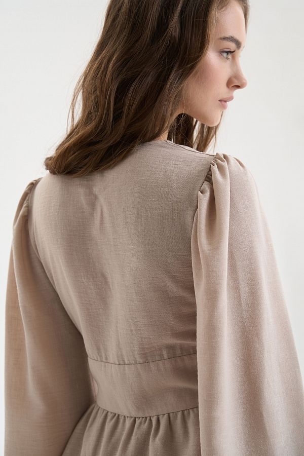 Lniana sukienka z podwójną spódnicą beżowa Lnian32142 № 3