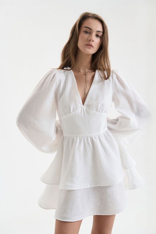 Lniana sukienka z podwójną spódnicą mleczna Lnian32141 № 1