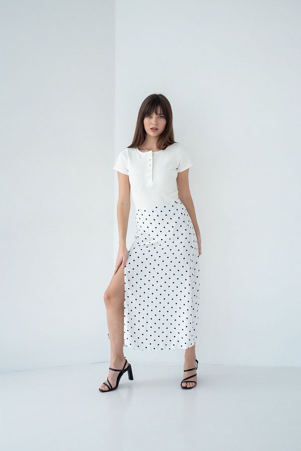 Spódnica midi z rozcięciem w duże kropki biała SP001/6 #RU# Spódnica midi w białe kropki SP001/6 № 3