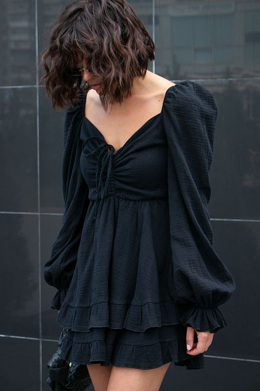 Mini sukienka muślinowa z falbankami czarna - №2