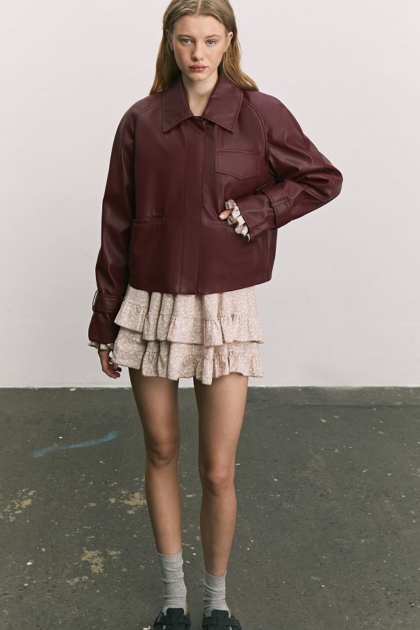 Trencz krótki z eko-skóry na zamszu bordowy МБКТ010/0 #RU#  МБКТ010/0 № 1