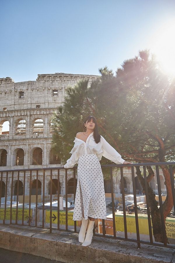 Spódnica midi z rozcięciem w duże kropki biała SP001/6 #RU# Spódnica midi w białe kropki SP001/6 № 1