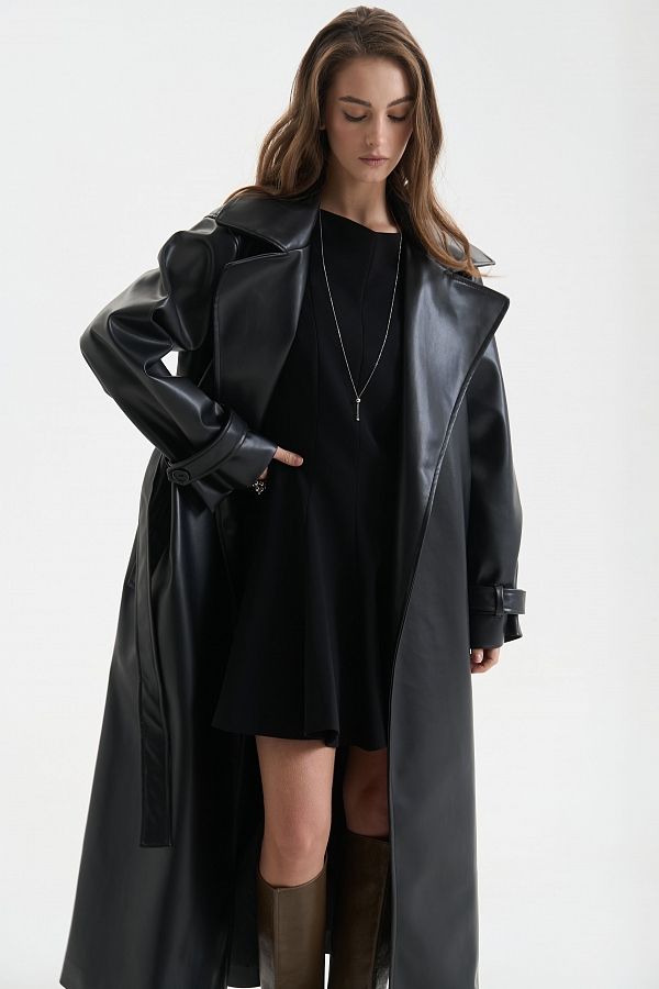 Trencz maxi z eko-skóry na zamszu bez naszywek czarny trenc1249 #RU#  trenc1249 № 5