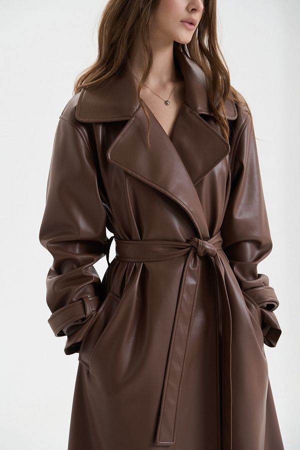 Trencz maxi z eko-skóry na zamszu bez naszywek brązowy trenc1235 #RU#  trenc1235 № 4