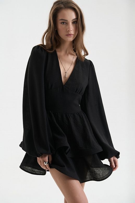 Lniana sukienka z podwójną spódnicą czarna