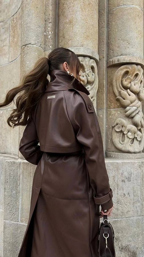 Trencz maxi z eko-skóry na zamszu brązowy С0321/12 #RU#  С0321/12 № 3