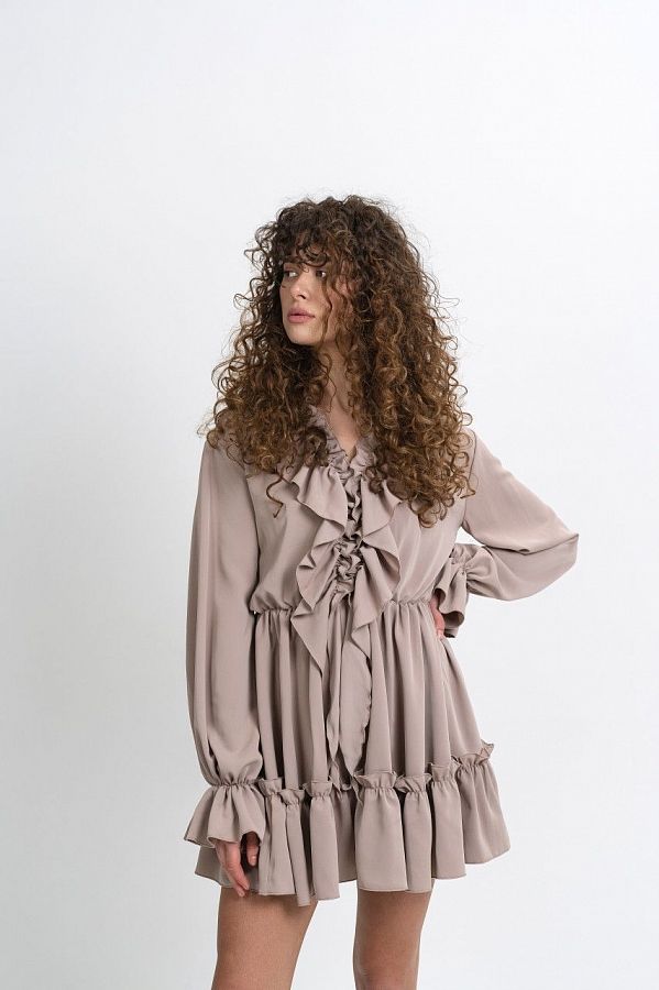 Sukienka mini z falbankami ciemnobeżowa Sukien04/02 № 3