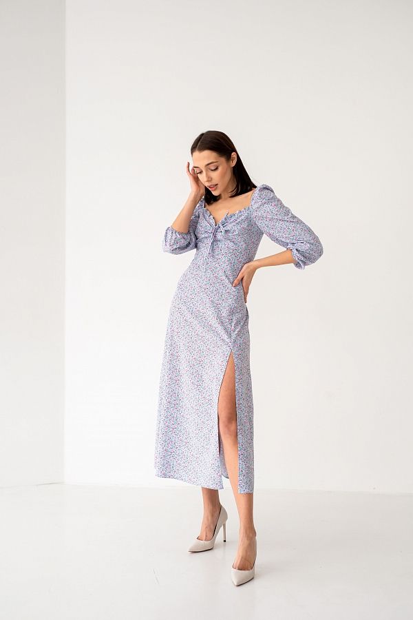 Sukienka midi z rozcięciem, długim rękawem, w kolorze niebieskim z różowym kwiatkiem D0521DR/4 № 3