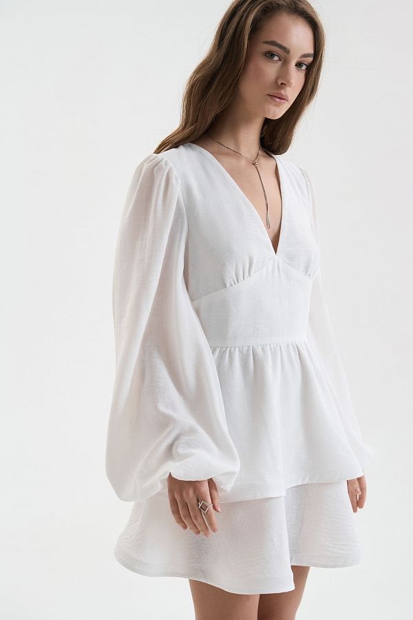 Lniana sukienka z podwójną spódnicą mleczna Lnian32141 № 6