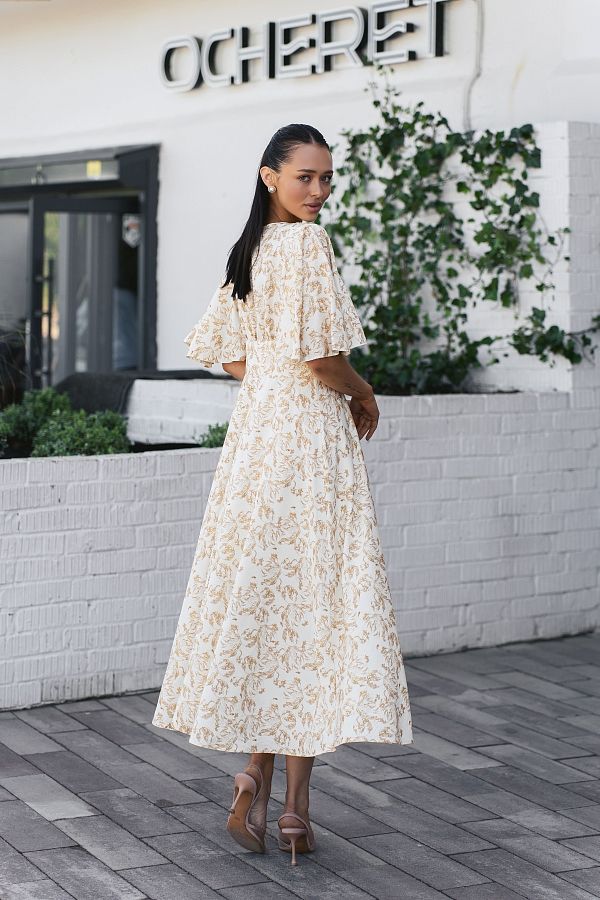 Sukienka midi z prostą spódnicą mleczna w złote kwiaty prost01/08 № 3