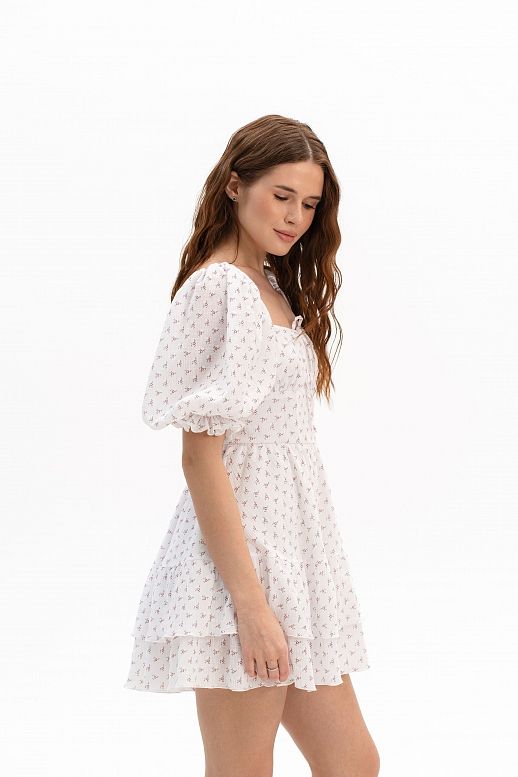 Bawełniana sukienka z krótkimi bufiastymi rękawami biała w różowe kwiaty - №2