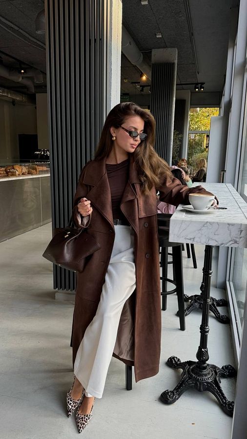 Zamszowy trencz z podszewką czekoladowy 170001 #RU# Brązowy, zamszowy, krótki trencz z eko skóry 170001 № 5