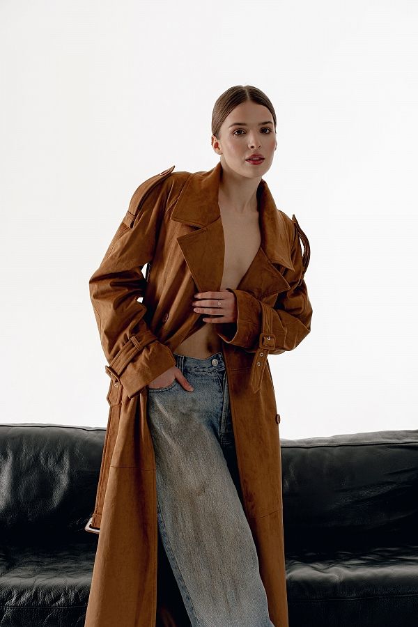 Trencz zamszowy maxi z podszewką rudy zam27/03 № 4