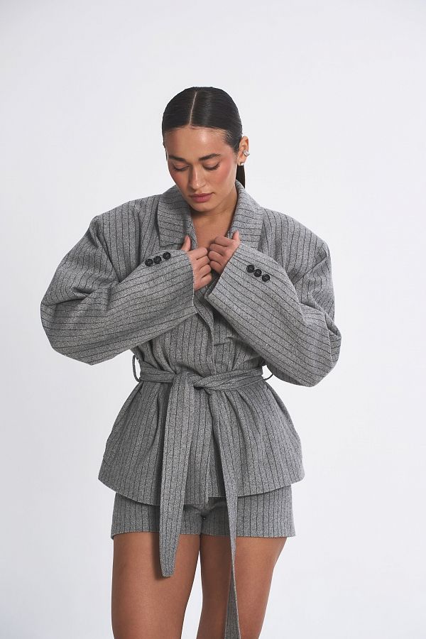 Wełniana marynarka z paskiem szara maryn12/02 № 1