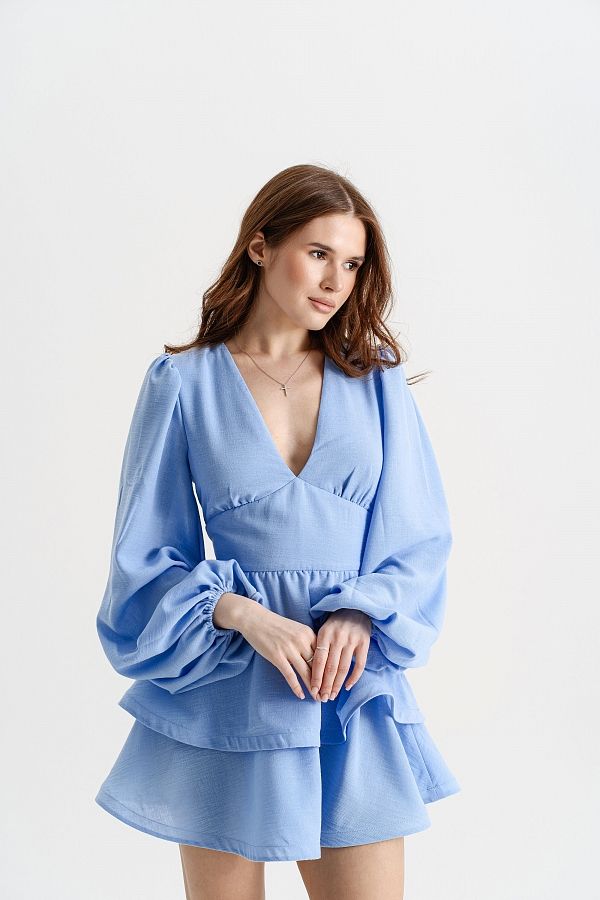 Lniana sukienka z podwujną spódnicą błękitna Lnian16/04 № 1