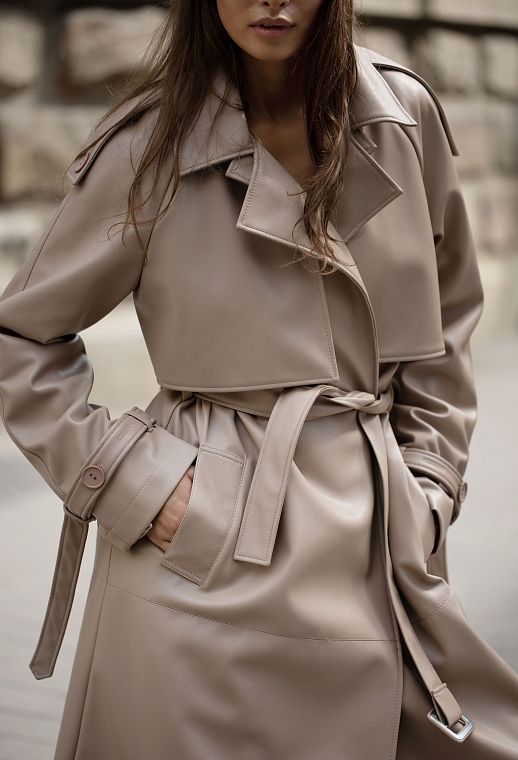 Trencz maxi z eko-skóry na zamszu beżowy - №2