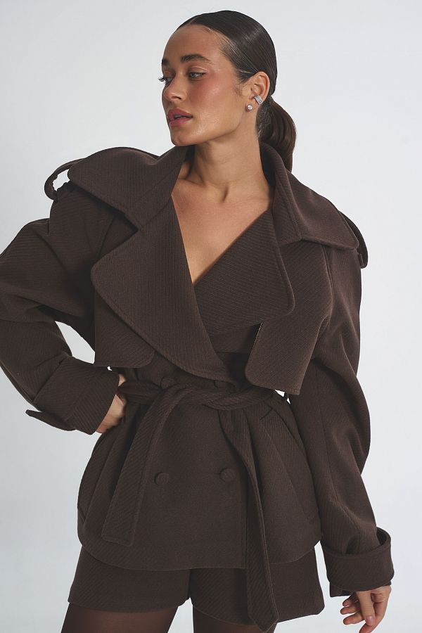 Krótki płaszcz z paskiem brązowy plaszczkr11/05 № 1