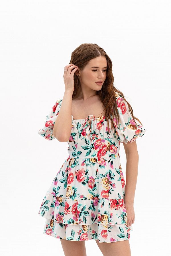 Bawełniana sukienka z krótkimi bufiastymi rękawami w wielokolorowe kwiaty bufiast29/07 № 4