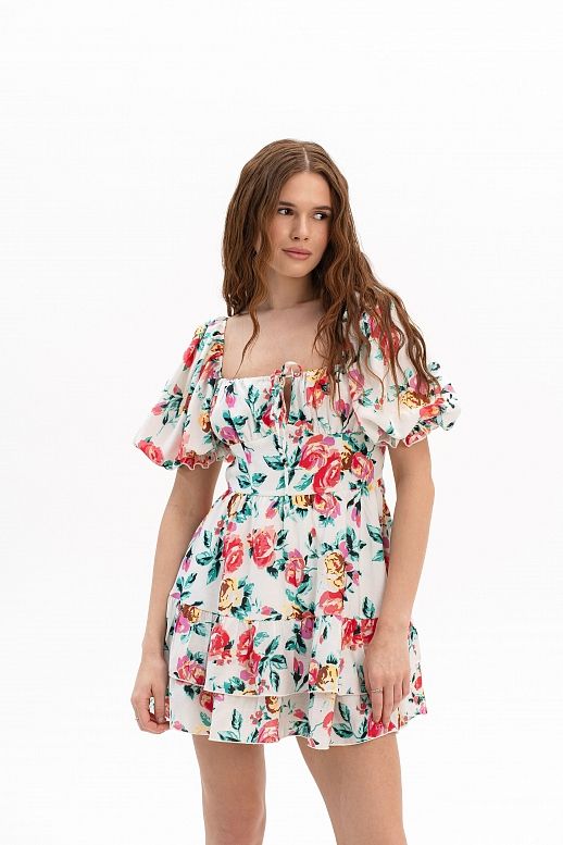 Bawełniana sukienka z krótkimi bufiastymi rękawami w wielokolorowe kwiaty