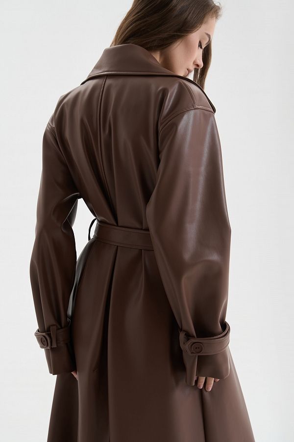 Trencz maxi z eko-skóry na zamszu bez naszywek brązowy trenc1235 #RU#  trenc1235 № 3