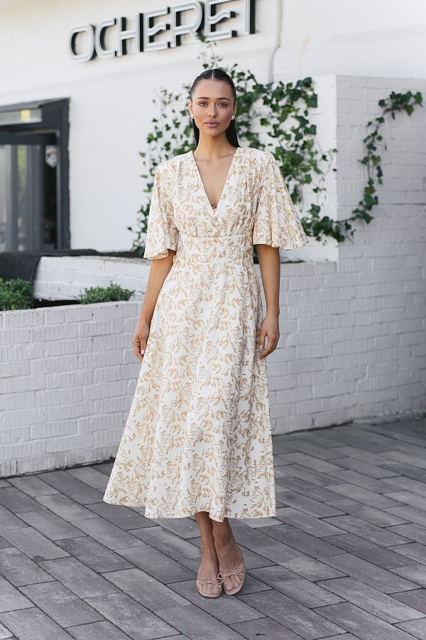 Sukienka midi z prostą spódnicą mleczna w złote kwiaty prost01/08 № 1