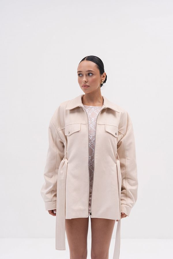 Zamszowa kurtka z zamkiem i paskiem mleczna kurtkazamsz01/10 № 3