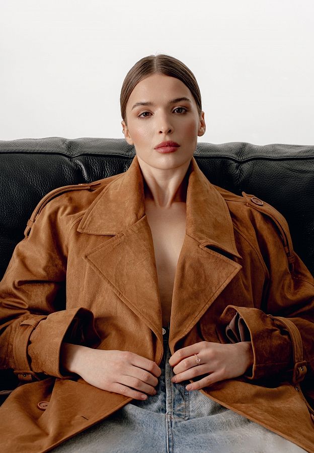 Trencz zamszowy maxi z podszewką rudy zam27/03 № 1