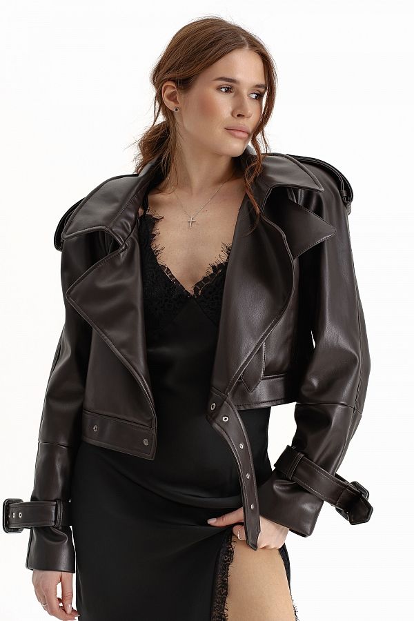 Krótki trrencz z eko-skóry czekoladowy prem09/04 № 1