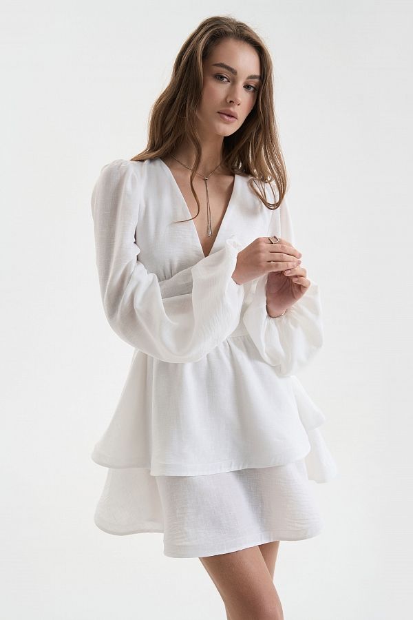 Lniana sukienka z podwójną spódnicą mleczna Lnian32141 № 3