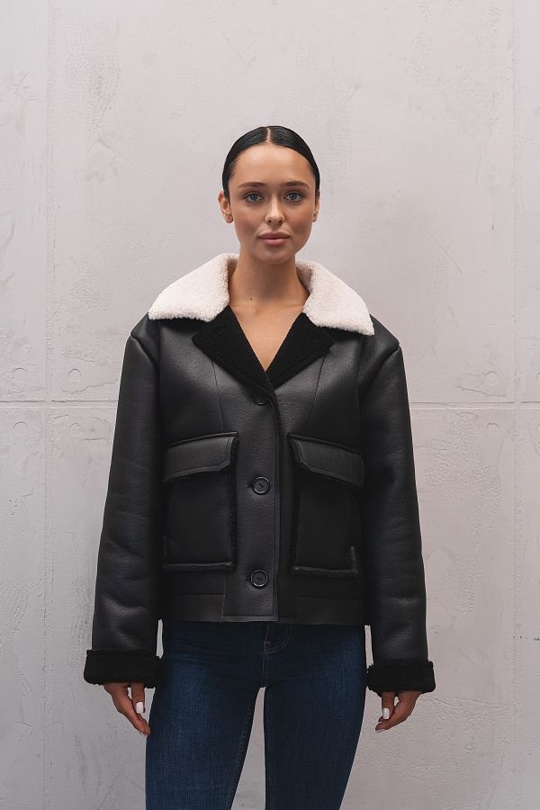 Krótki kożuch biały z czarnym kozuch01/09 № 3